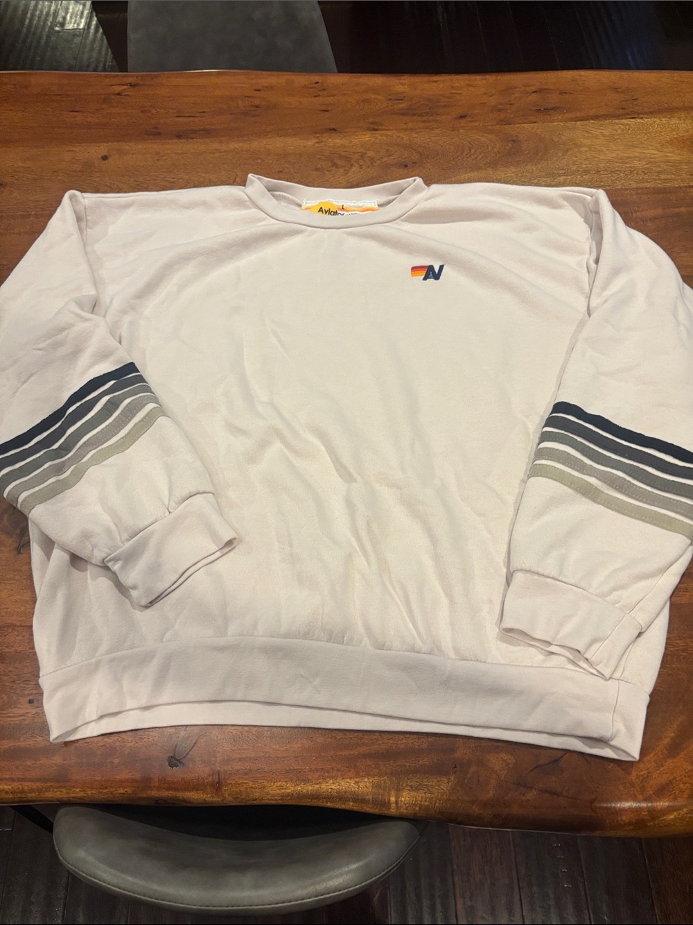 Aviator Nation beige Crewneck with Black & Gray Sleeve Stripes size large